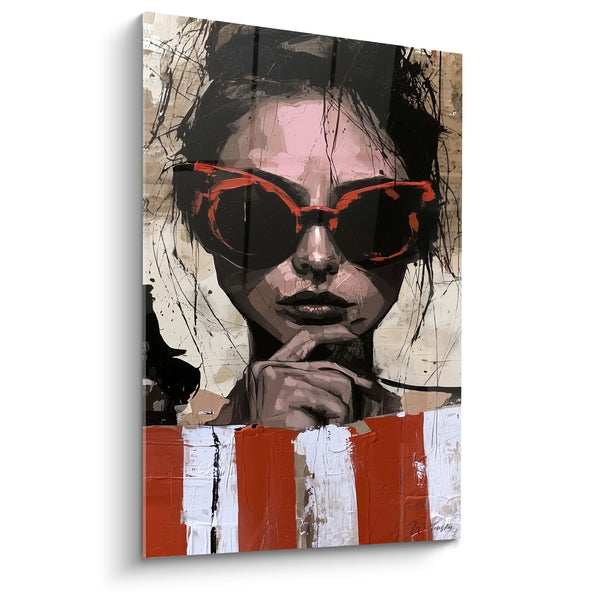 Tableau Femme lunettes orange rayures blanches et brunes - Main pensive au menton - Edition Rétro