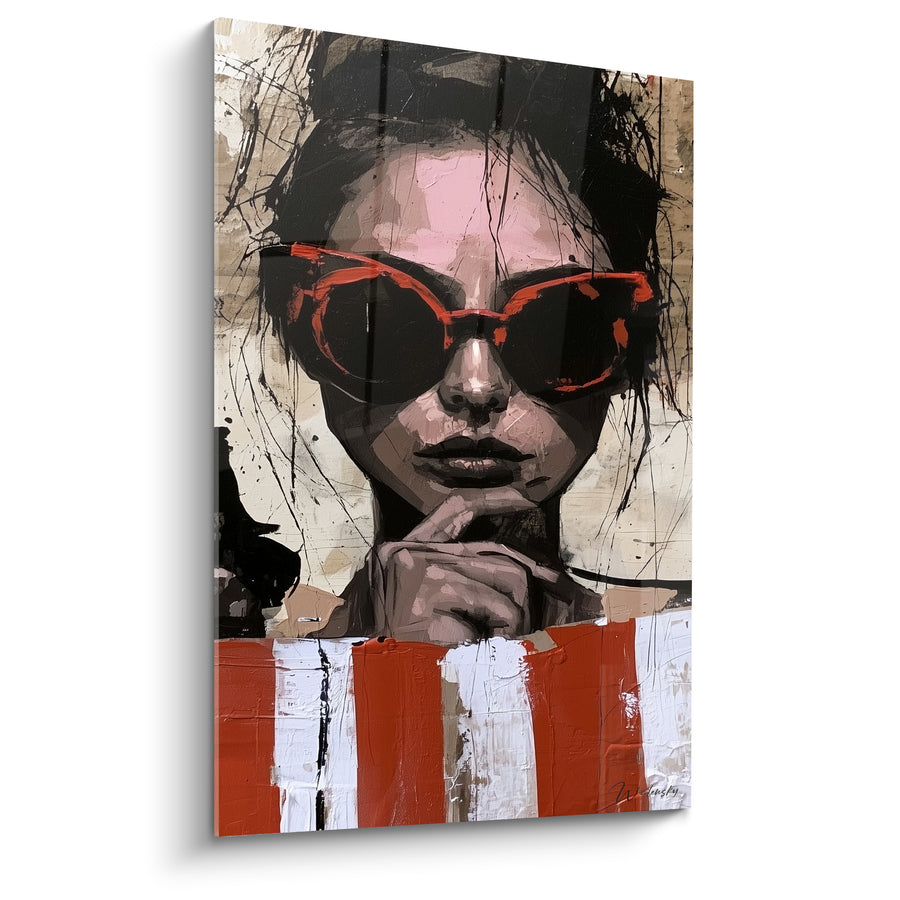 Tableau Femme lunettes orange rayures blanches et brunes - Main pensive au menton - Edition Rétro