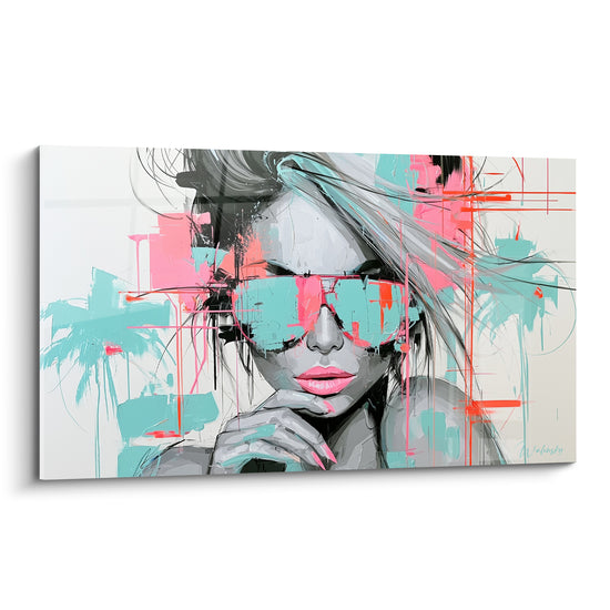 Femme aux lunettes miroir turquoise et corail, visage en gris et noir, style pictural rétro