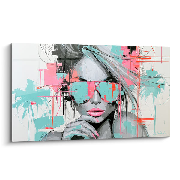 Tableau Portrait femme lunettes turquoise et corail - Attitude solaire - Edition Rétro