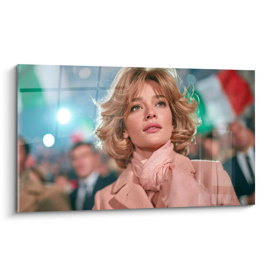 Tableau Femme blonde manteau rose foule - Regard vers l'avenir - Edition Vintage