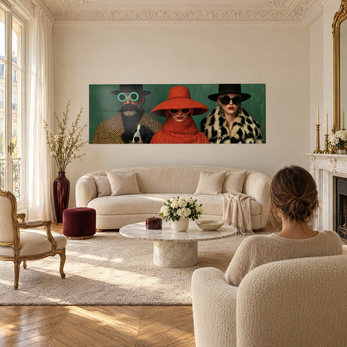 Wall art trio wearing round glasses, orange hat and spotted fur against a green background, above a sofa in a bright living room