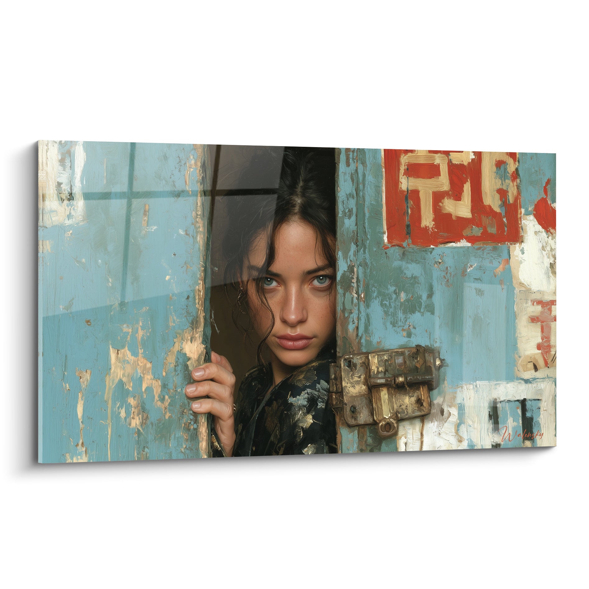 Femme aux yeux clairs entrouvrant une porte bleue écaillée, verrou doré et touches rouge terracotta