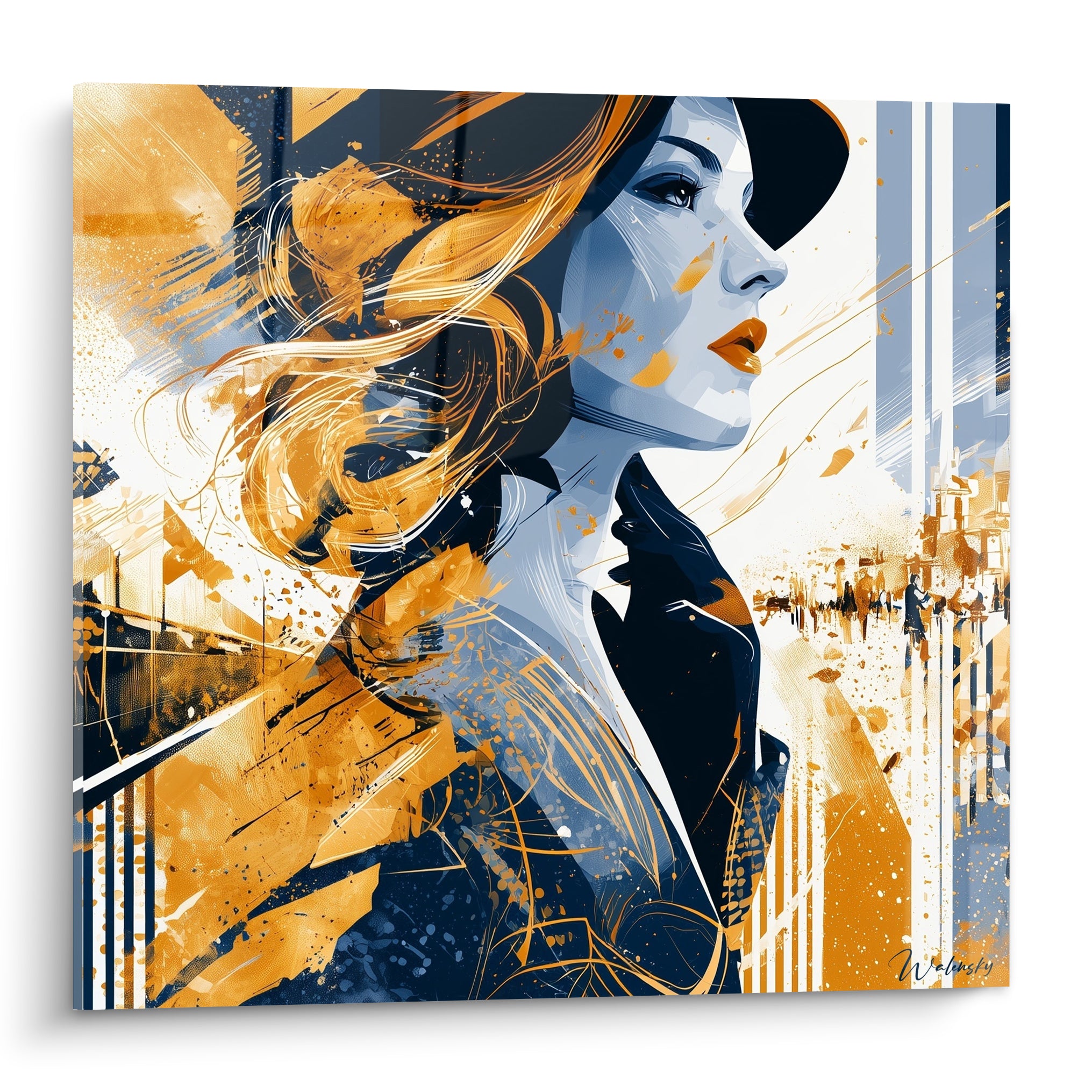 Femme au profil ocre et bleu marine, chevelure au vent, portrait graphique intense