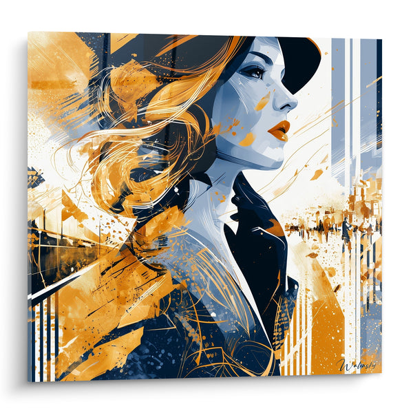 Tableau Femme profil ocre et bleu marine - Élan citadin - Edition Rétro