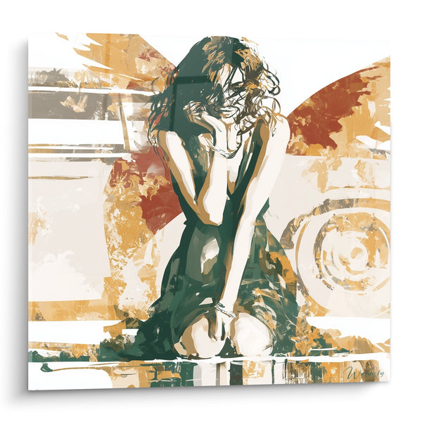 Tableau Femme repliée vert et ocre - Refuge intérieur - Edition Rétro