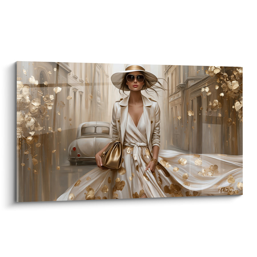Tableau Élégante en robe blanche et dorée - Balade parisienne - Edition Vintage