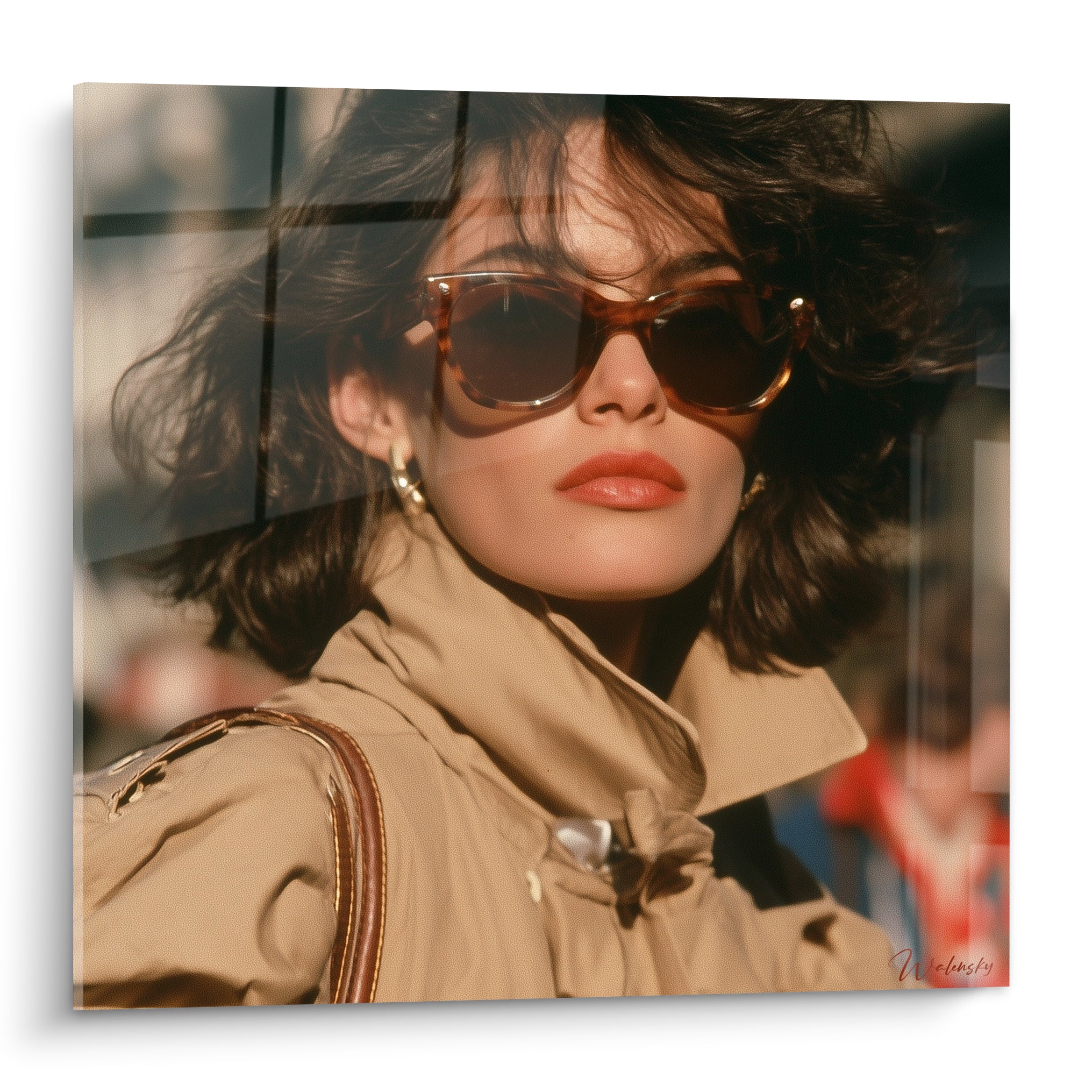 Femme brune en trench beige et lunettes écaille, lèvres terracotta, portrait rétro lumineux
