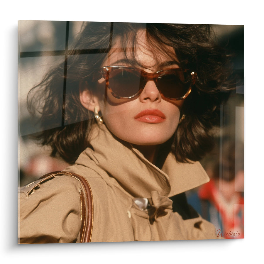 Cuadro Mujer morena gabardina beige gafas carey - Elegancia urbana - Edición Retro
