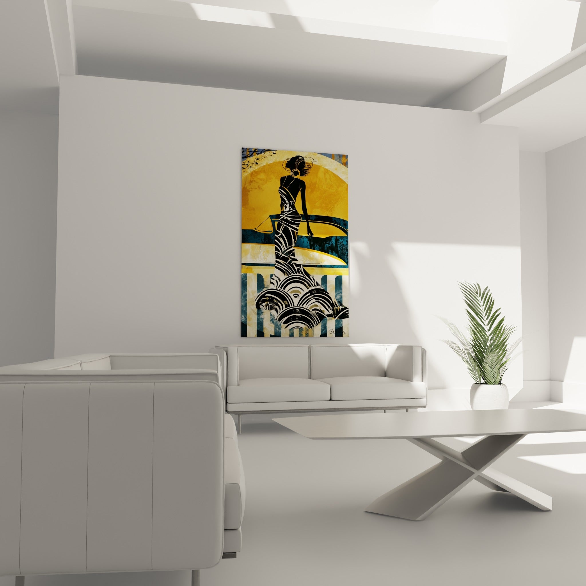 Élégante silhouette drapée de noir et blanc près d'une voiture ancienne, au-dessus d'un canapé dans un salon lumineux