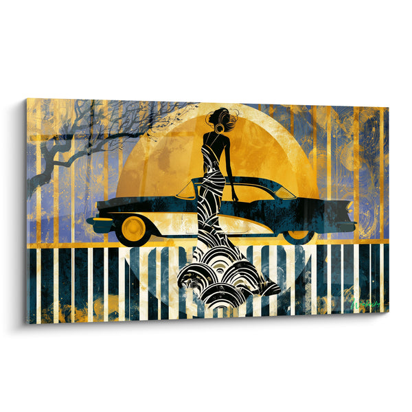 Tableau Femme élégante voiture dorée et bleue - Nuit glamour - Edition Rétro