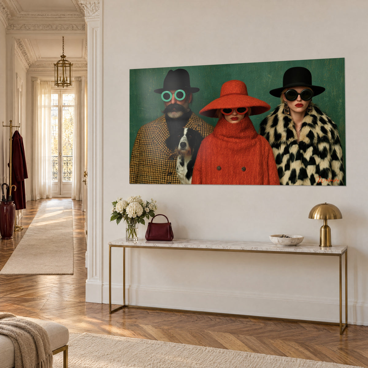 Tableau portrait de groupe aux lunettes rondes, vu de trois quarts, vert sapin et orange vif, au-dessus d'une console dorée