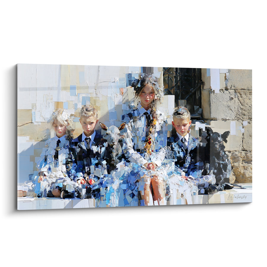 Tableau Enfants assis bleu et blanc avec chèvres - Portrait de fratrie - Edition Vintage