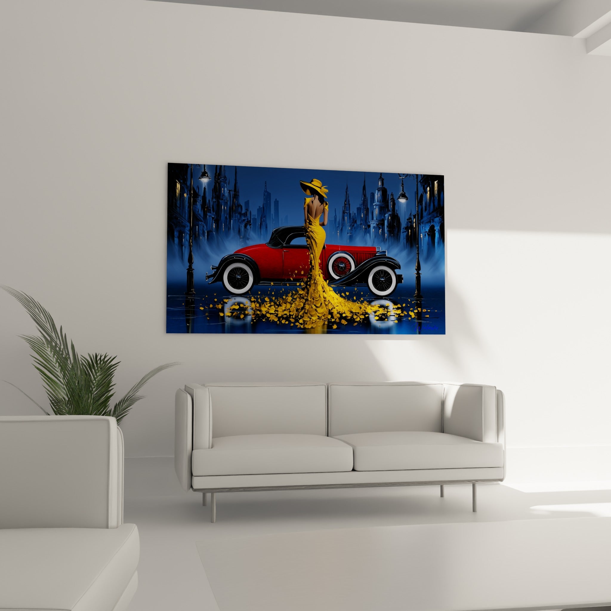Scène nocturne bleutée avec robe dorée et carrosserie rouge, tableau au-dessus d'un canapé dans un salon lumineux