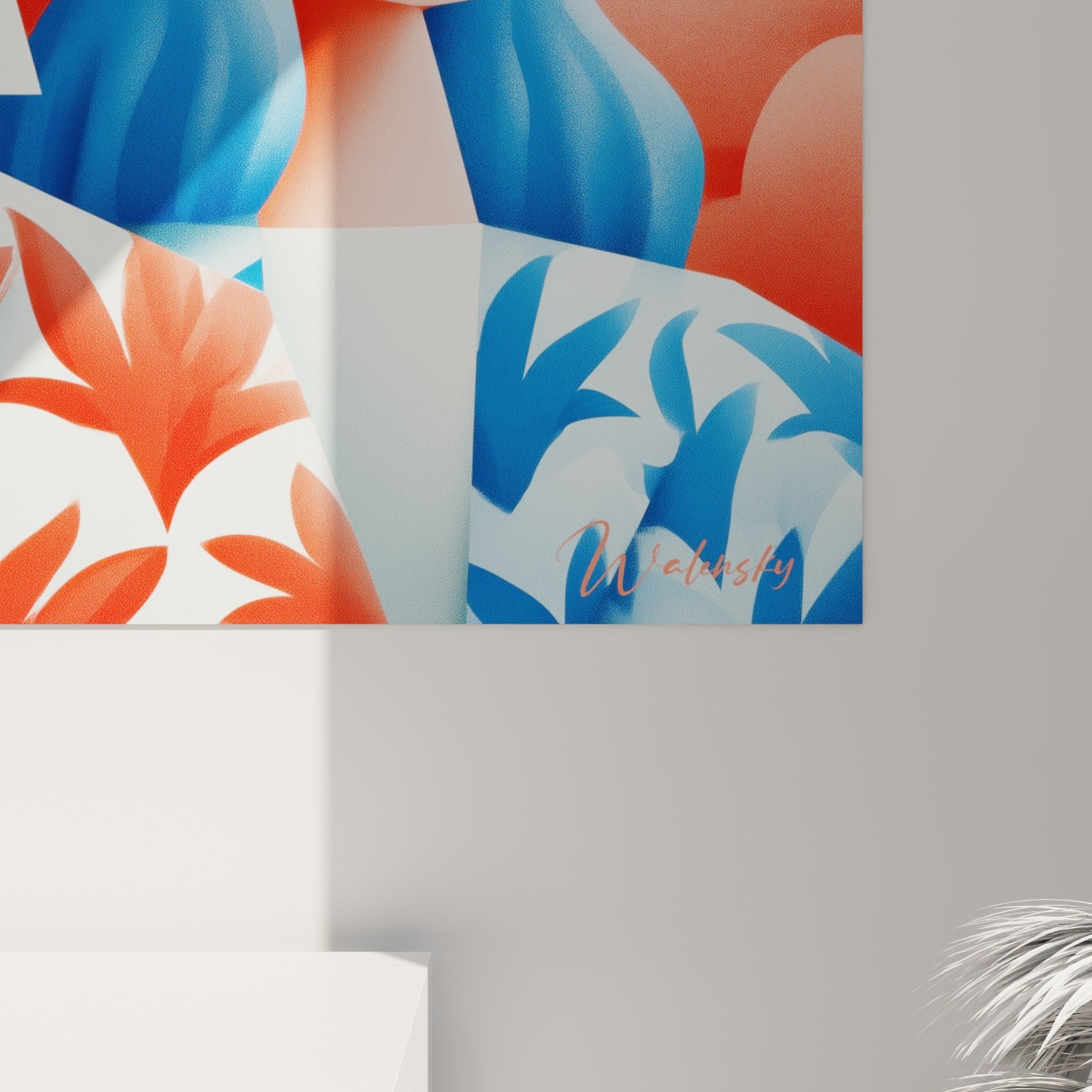 Détail du grain pictural Rétro, aplats corail et bleu marine, traits nets des lunettes et motifs floraux visibles de près