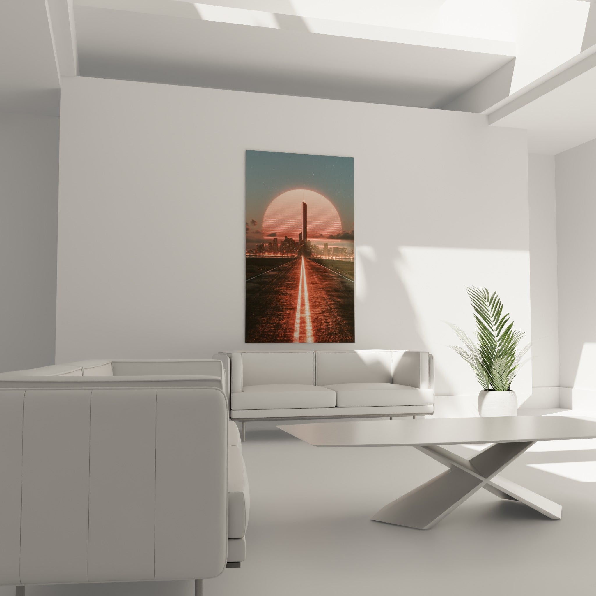 Gratte-ciel Rétro traversant un soleil corail rayé au-dessus d'un canapé dans un salon lumineux