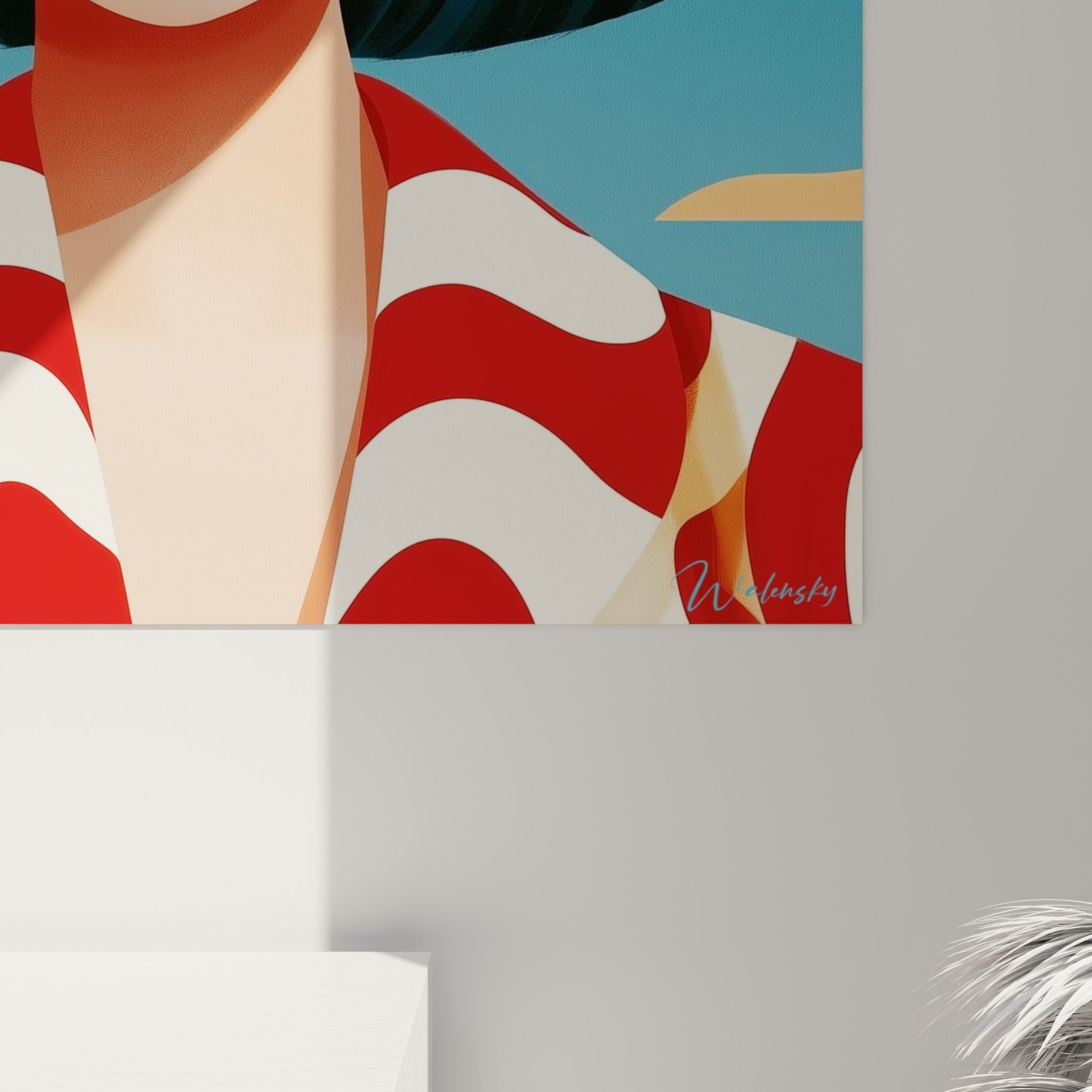 Détails des aplats rouge vif et bleu marine, matière lisse et contours nets de l'illustration Rétro encadrée