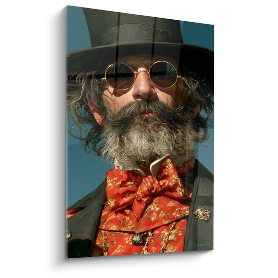 Tableau Homme barbu chapeau vert et nœud rouge fleuri - Broche dorée épinglée - Edition Rétro