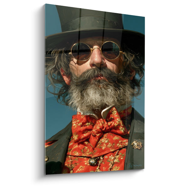 Tableau Homme barbu chapeau vert et nœud rouge fleuri - Broche dorée épinglée - Edition Rétro