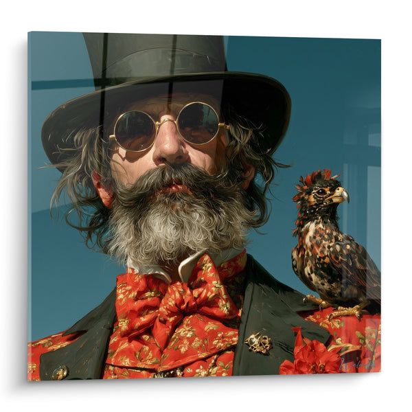 Tableau Homme barbu chapeau haut-de-forme et faucon - Élégance excentrique - Edition Rétro