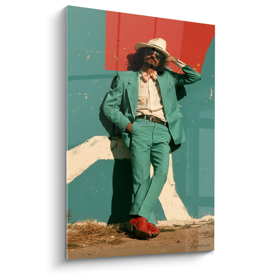 Tableau Homme costume menthe et rouge briques peintes - Nœud papillon fleuri - Edition Rétro