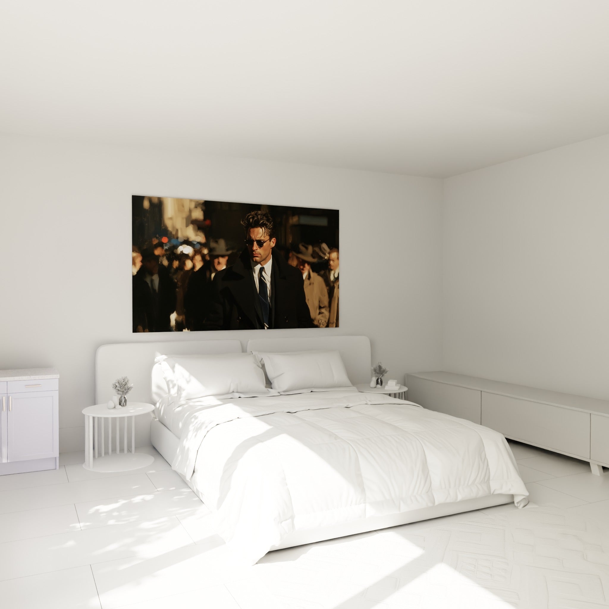 Silhouette masculine en manteau noir et cravate bleu marine au-dessus d'un lit dans une chambre claire