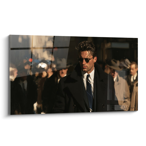 Tableau Homme élégant manteau noir foule urbaine - Traversée urbaine - Edition Rétro