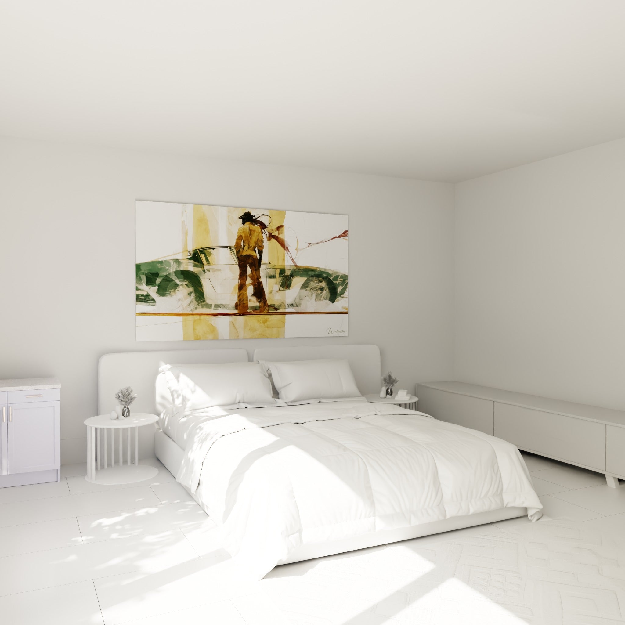 Homme en ocre devant une voiture verte anthracite, tableau accroché au-dessus d'un lit dans une chambre claire