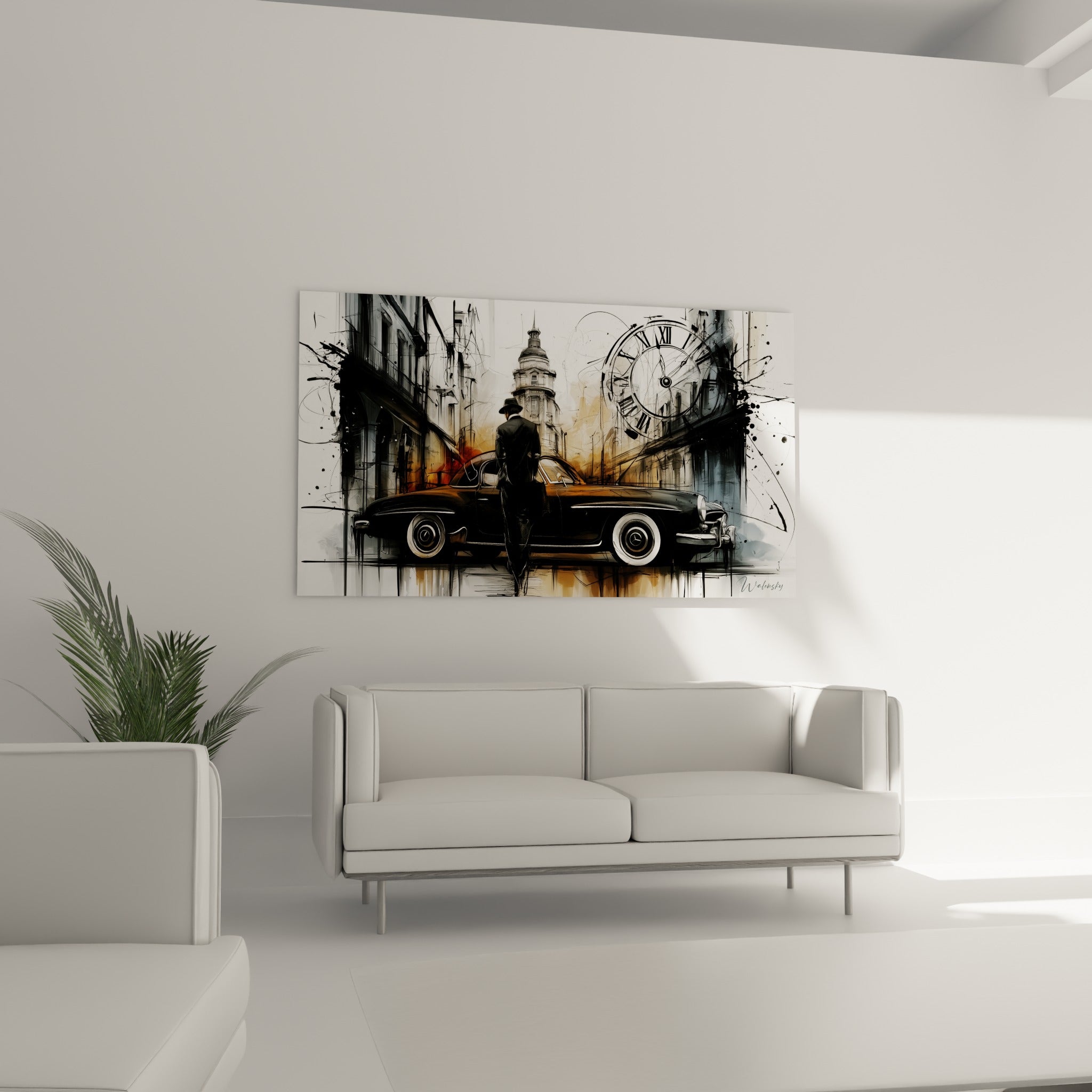 Voiture ancienne noire et ocre sous une horloge murale, au-dessus d'un canapé dans un salon lumineux