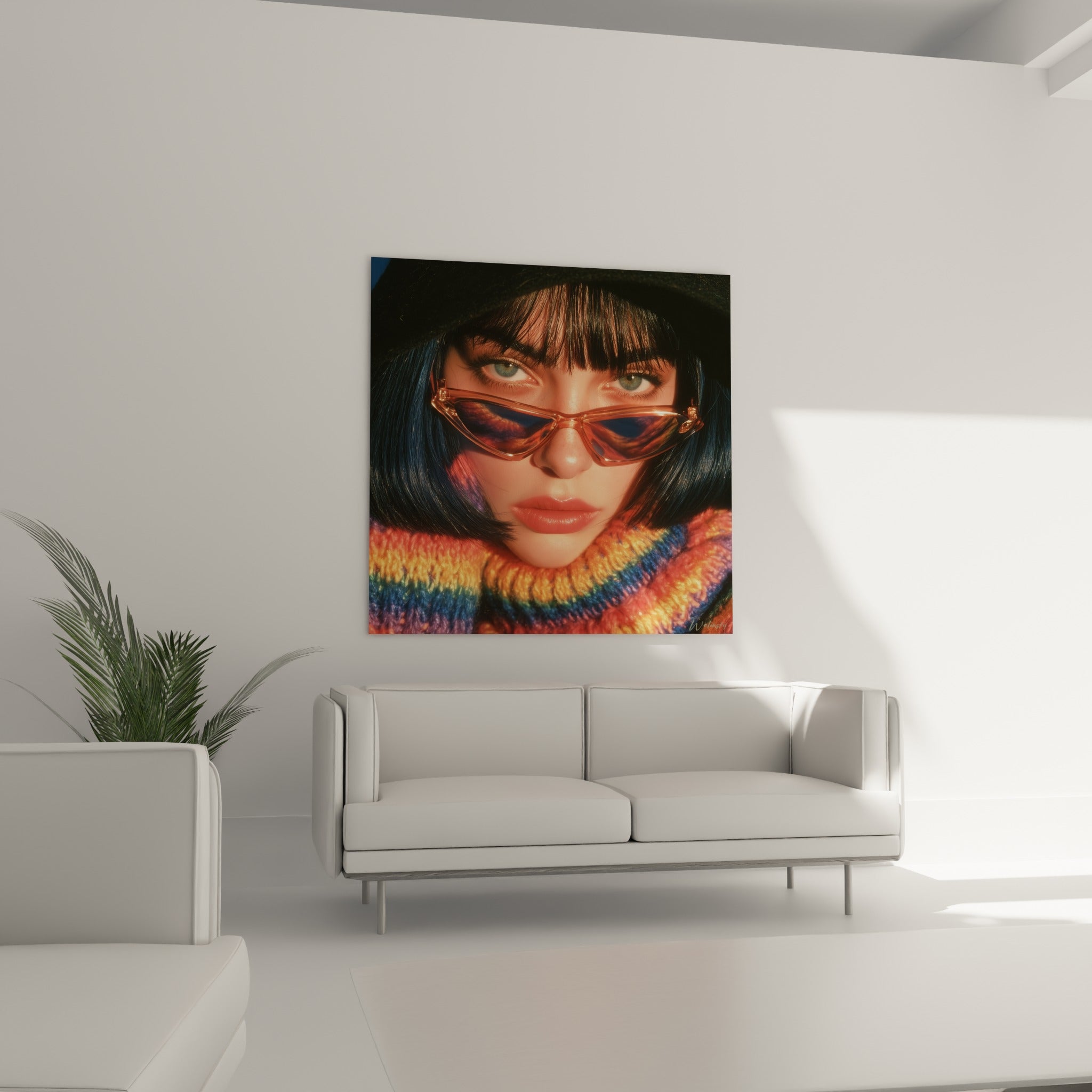 Visage encadré de cheveux bruns et lunettes teintées bleu marine, au-dessus d'un canapé dans un salon lumineux