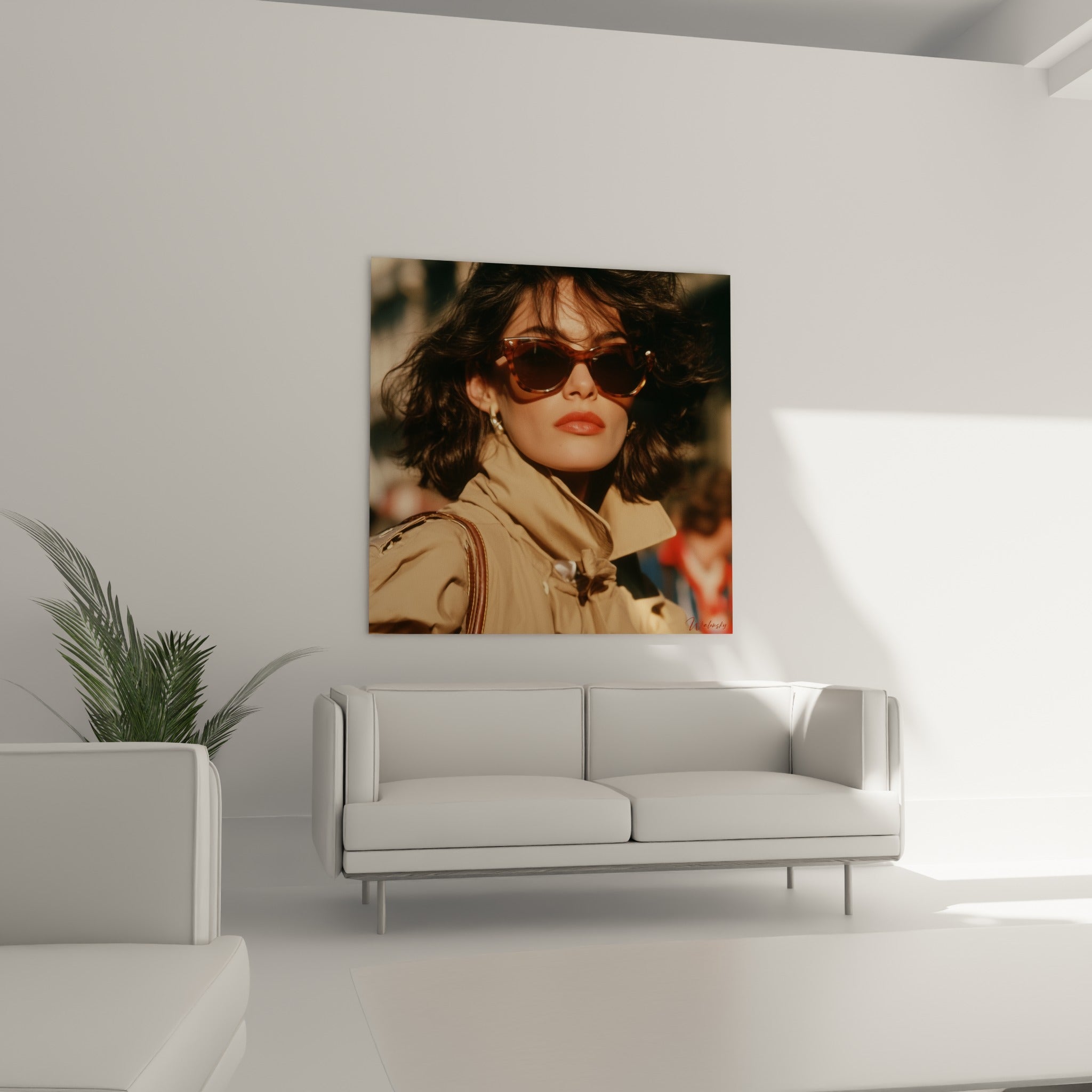 Portrait à la chevelure brune ébouriffée et lèvres terracotta au-dessus d'un canapé dans un salon lumineux