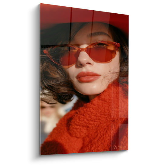 Tableau Femme lunettes orange et manteau texturé - Regard sous le couchant - Edition Rétro