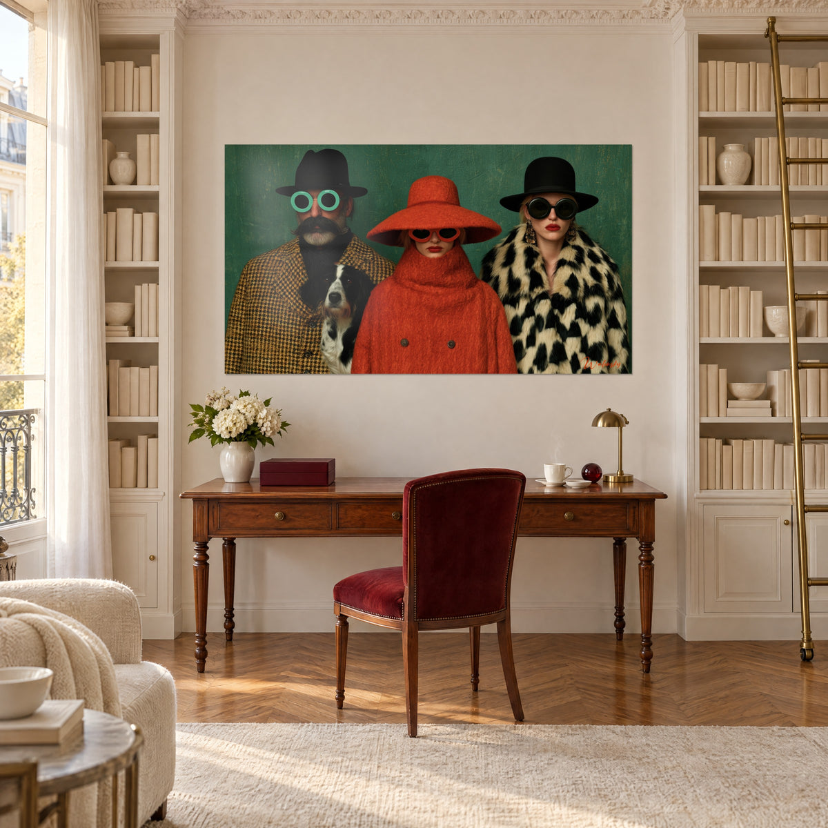Tableau chapeaux noirs et lunettes extravagantes, vert menthe et orange brûlé, au-dessus d'un bureau en bois entre deux bibliothèques