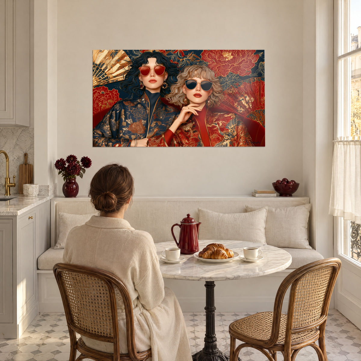 Tableau jeunes femmes en brocart rouge et bleu, main sous le menton, pivoines dorées, face à un coin repas ensoleillé haussmannien