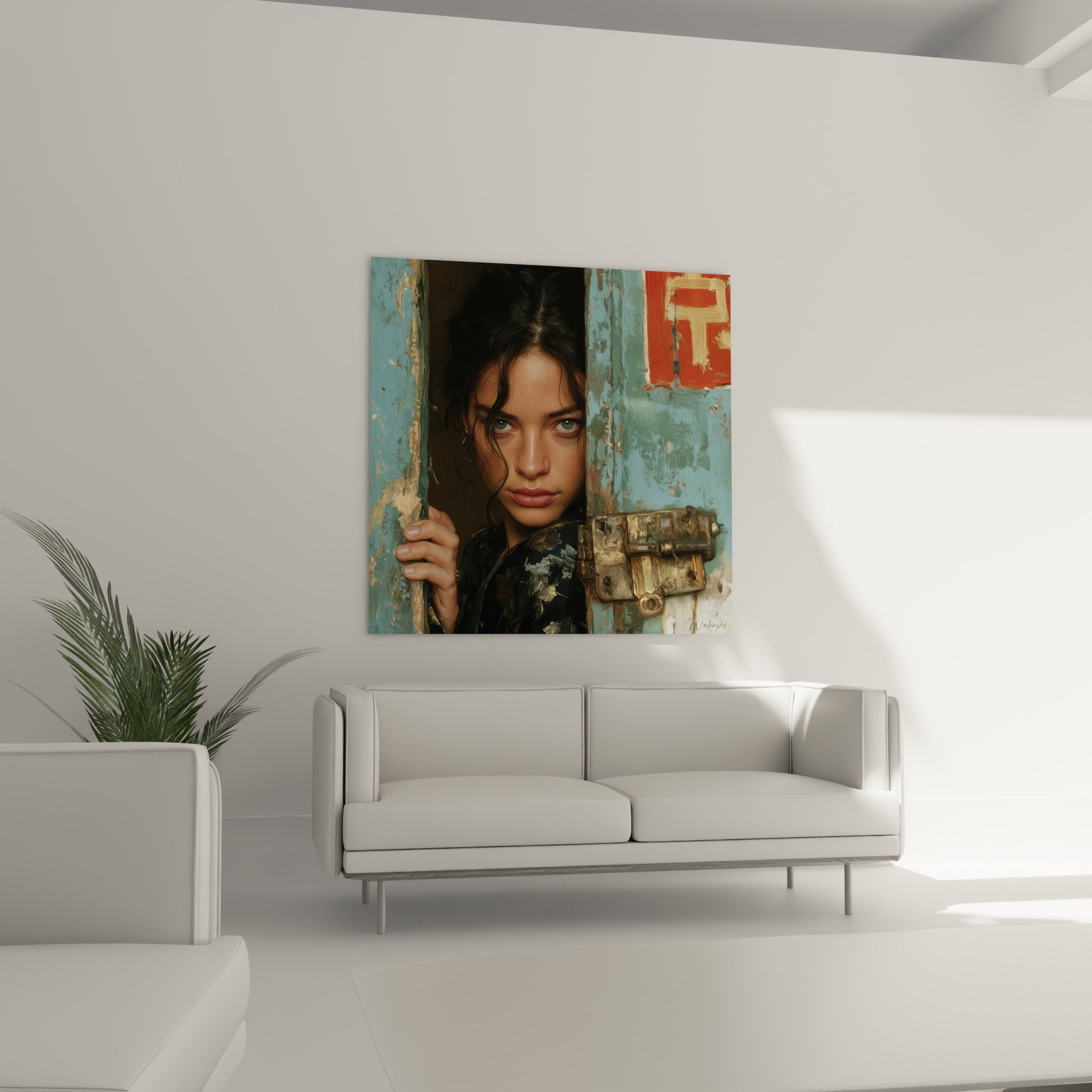 Main posée sur une porte bleu turquoise écaillée, tableau accroché au-dessus d'un canapé dans un salon lumineux