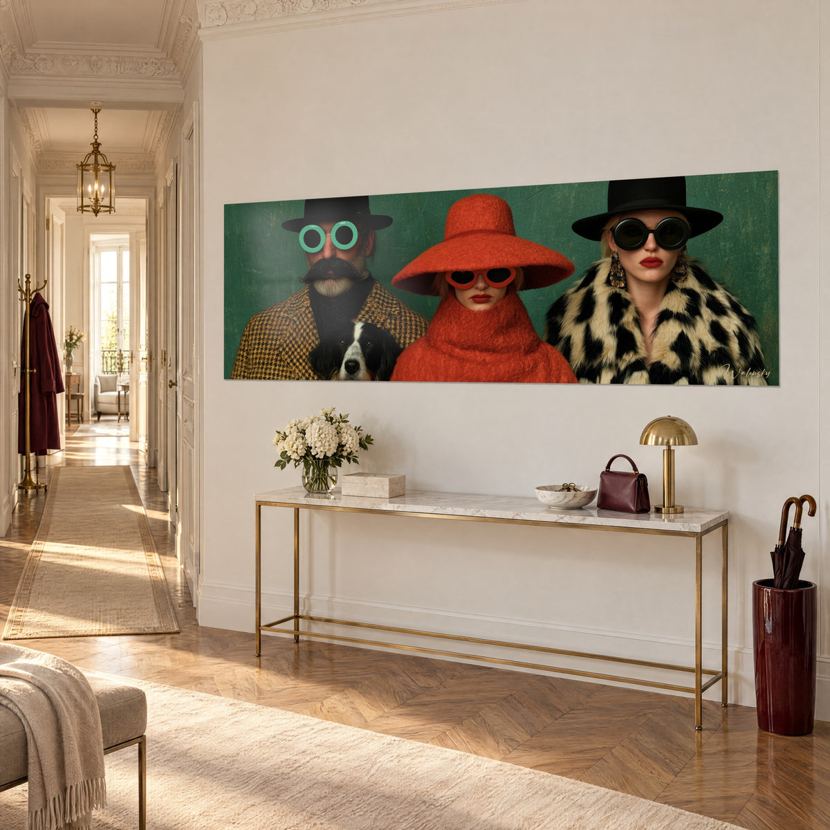 Wall art portrait of three stylish men in round glasses, salt-and-pepper moustache, orange coat, on a cream wall with a gilded console