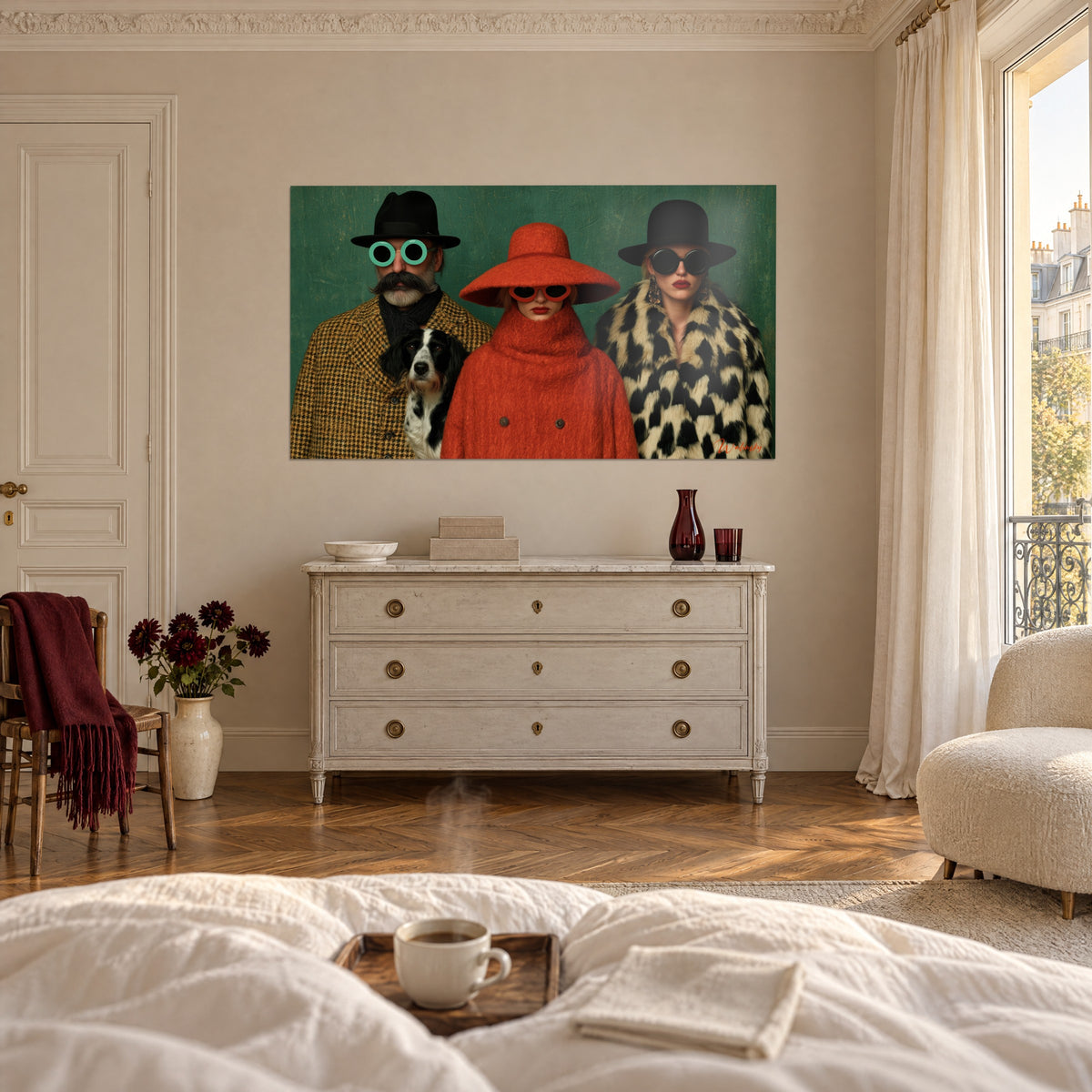Tableau trois silhouettes élégantes au regard masqué, manteau orange et pied-de-poule moutarde, au-dessus d'un lit dans une chambre claire