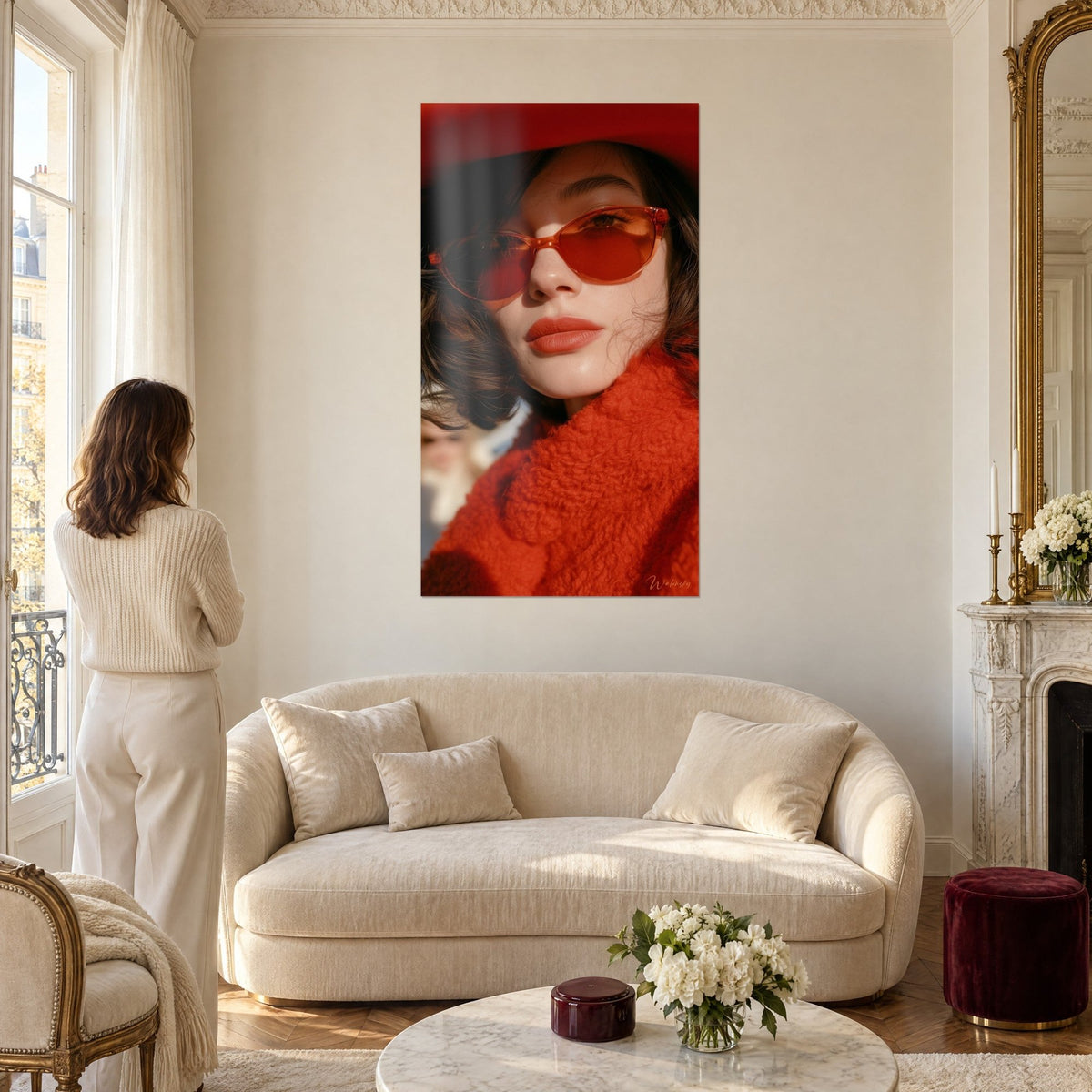 Cuadro retrato retro de mujer con gafas naranjas, sombrero rojo y abrigo rizado, encima de un sofá en un salón luminoso