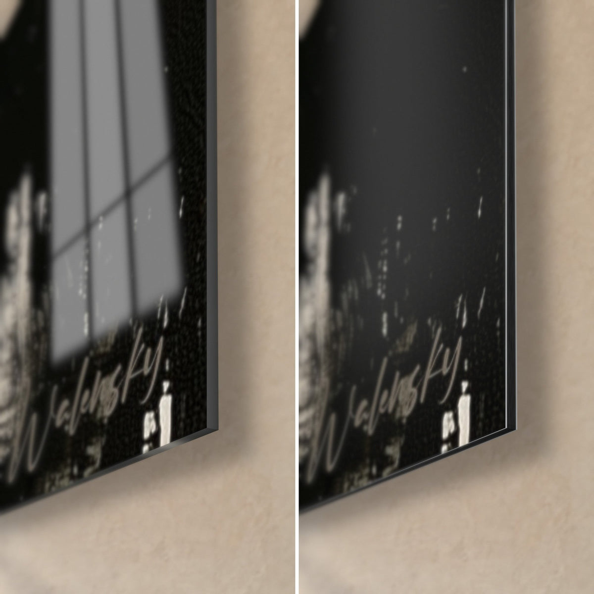 Wall art female portrait with a white hat brim, deep black and red traces, bottom right corner in glossy glass and matte Dibond