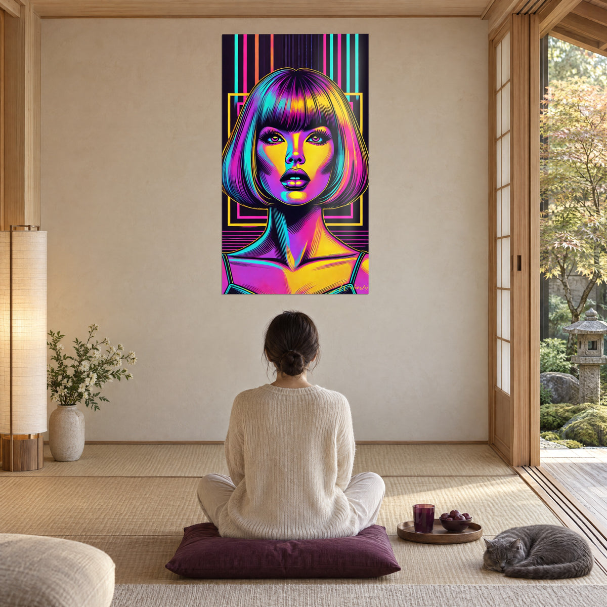 Quadro modella retrò dai contorni dorati, ciocche viola e ciano, osservato da una donna seduta in meditazione con un gatto grigio