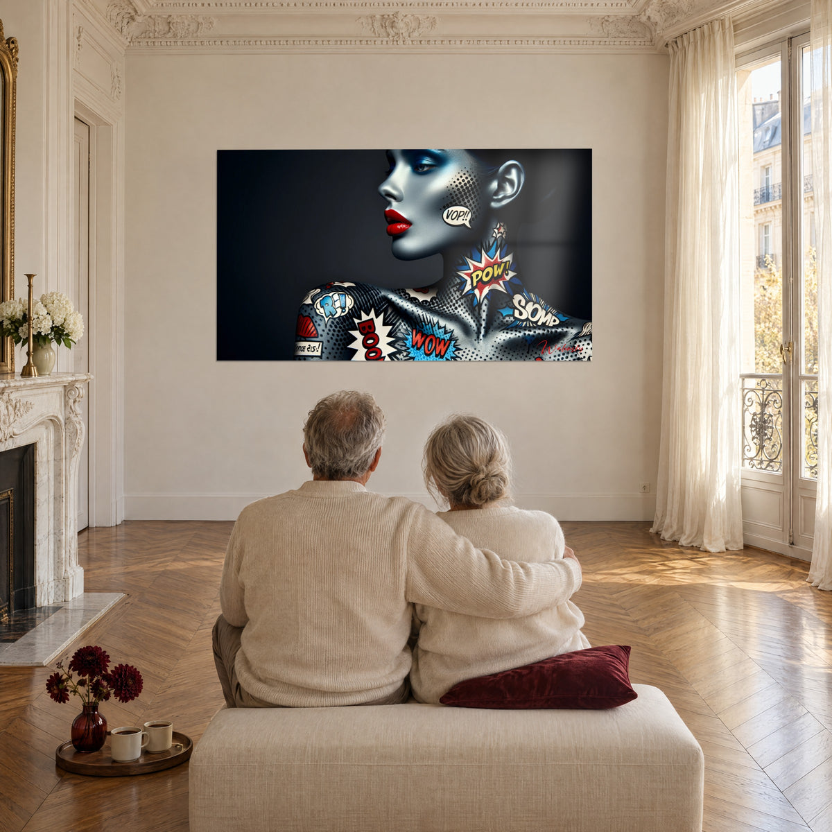 Πίνακας μούσα pop art με μπλε μακιγιάζ, γκρι δέρμα και κόκκινα χείλη, απέναντι από ηλικιωμένο αγκαλιασμένο ζευγάρι σε πουφ σε παριζιάνικο σαλόνι