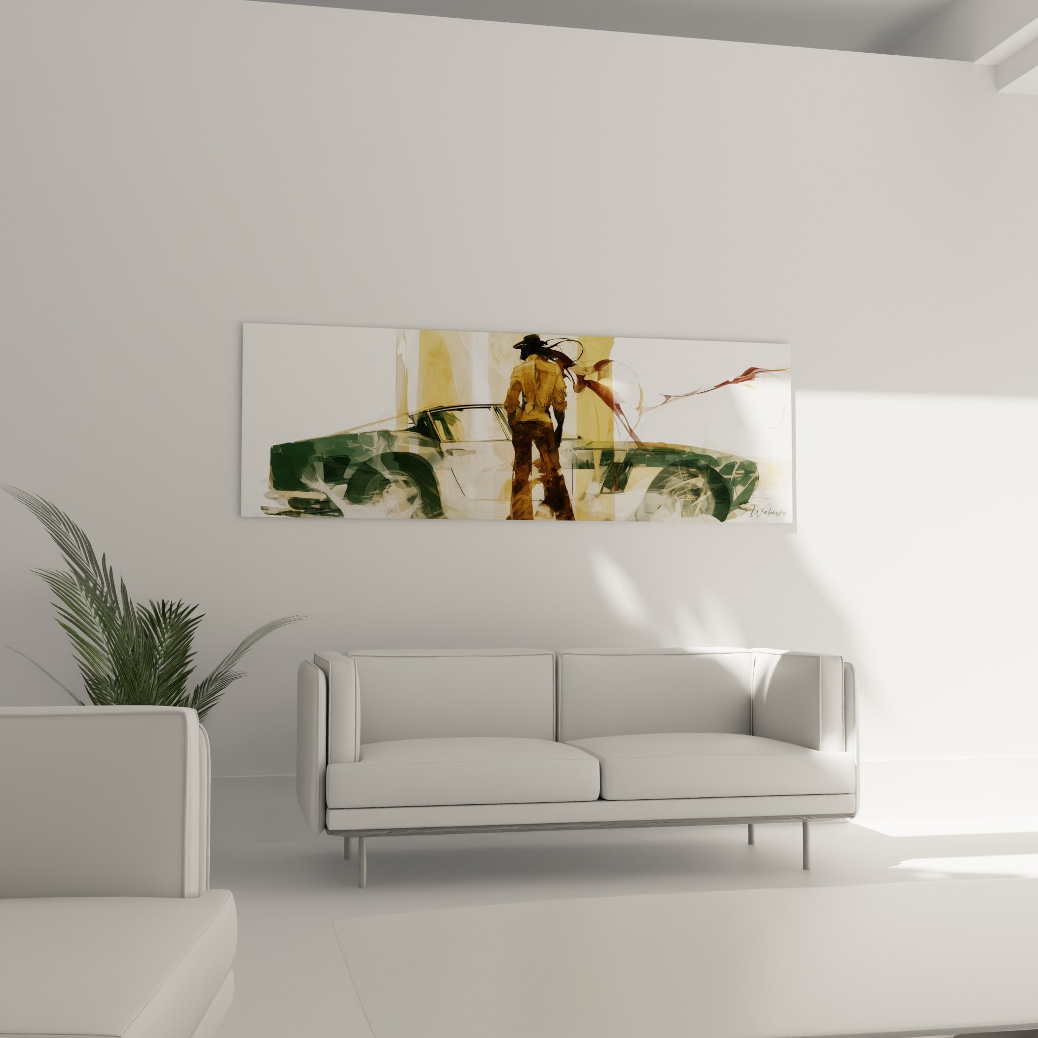 Personnage ocre et voiture anthracite en composition panoramique, au-dessus d'un canapé dans un salon lumineux