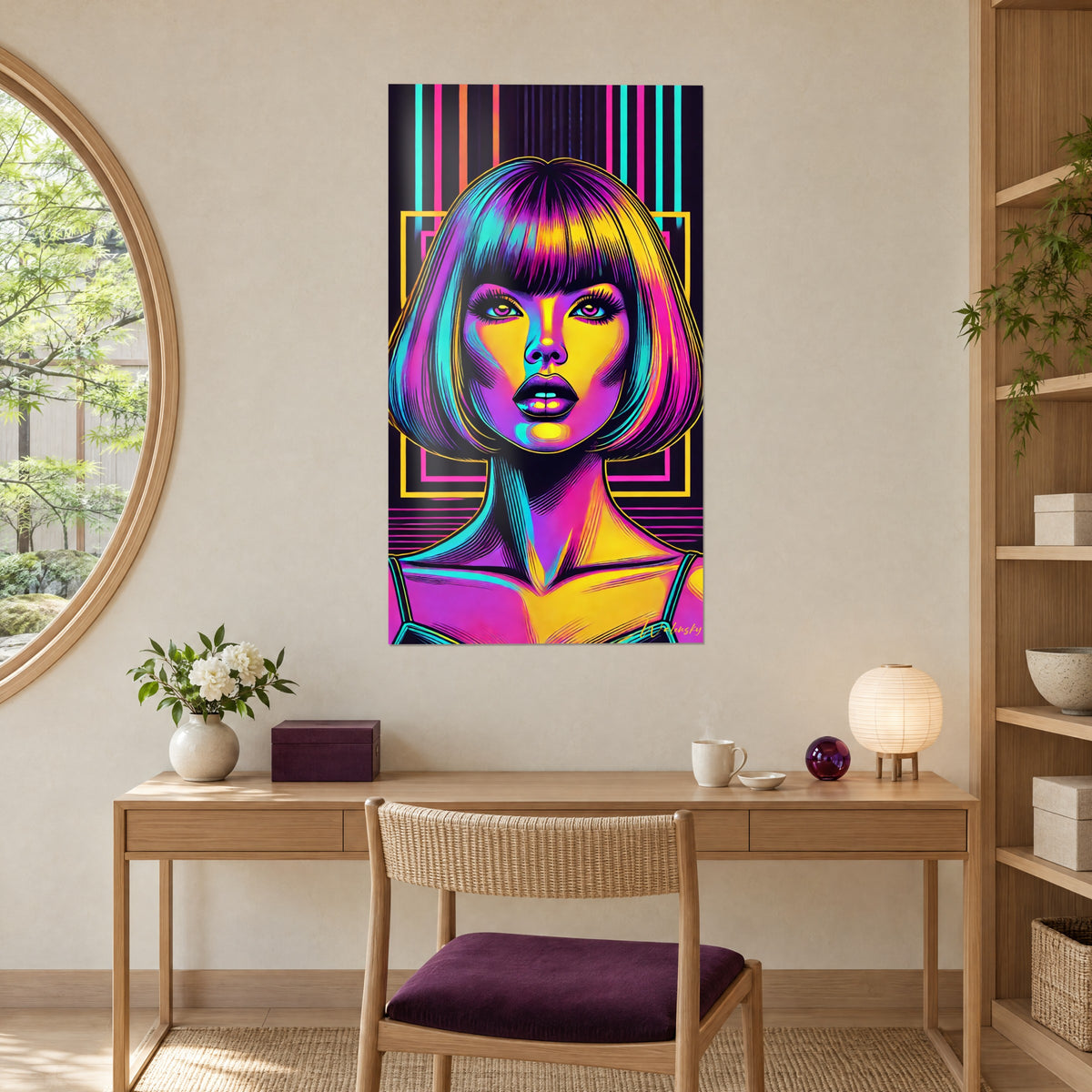 Quadro volto pin-up con riflessi magenta e giallo limone, cornici geometriche al neon, appeso sopra una scrivania in legno chiaro