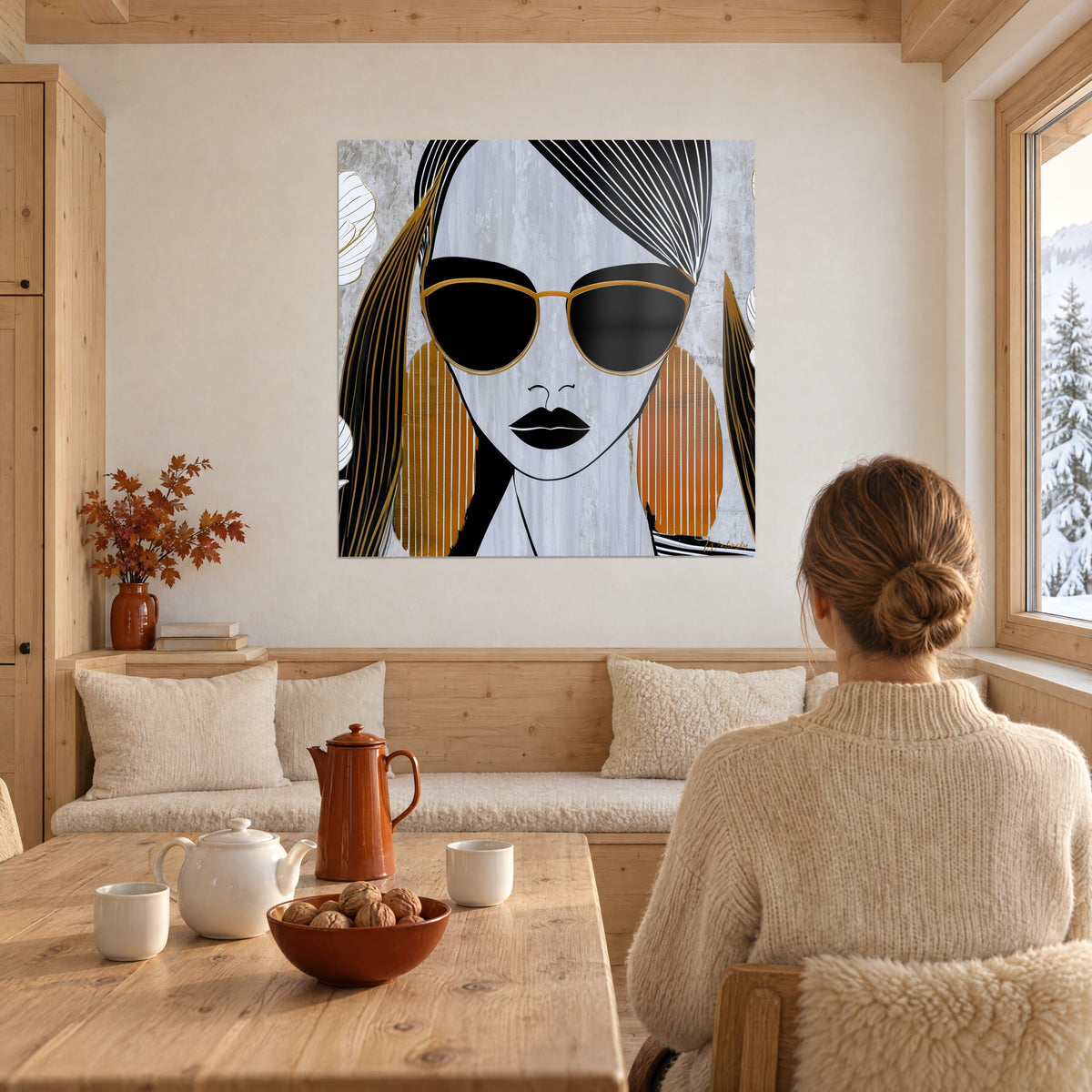 Cuadro ilustración retro de una mujer de incógnito, cabello en blanco y negro, rizos ocre rayados, frente a una mesa de madera en el chalet