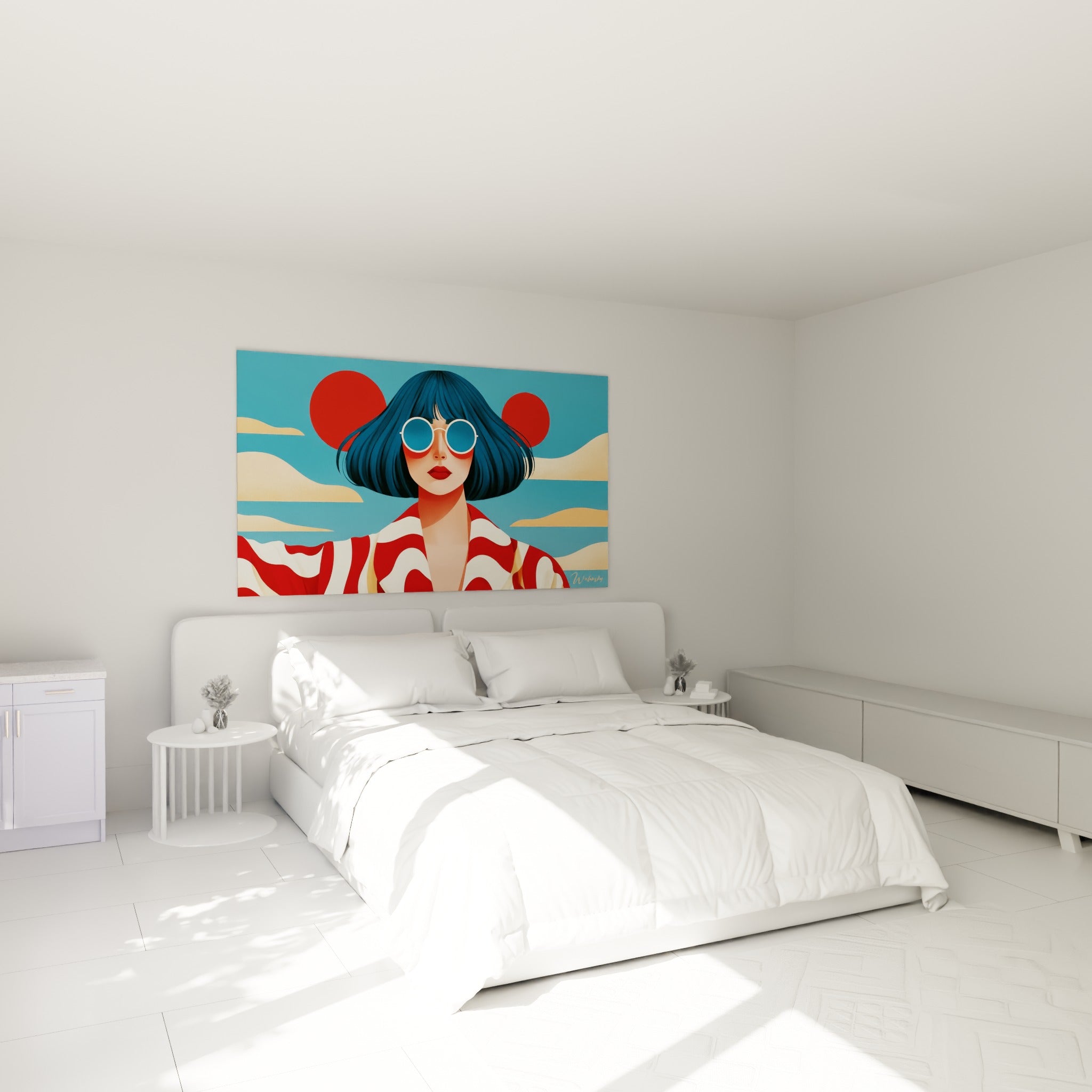 Portrait rétro aux tons bleu marine et rouge écarlate accroché au-dessus d'un lit dans une chambre claire