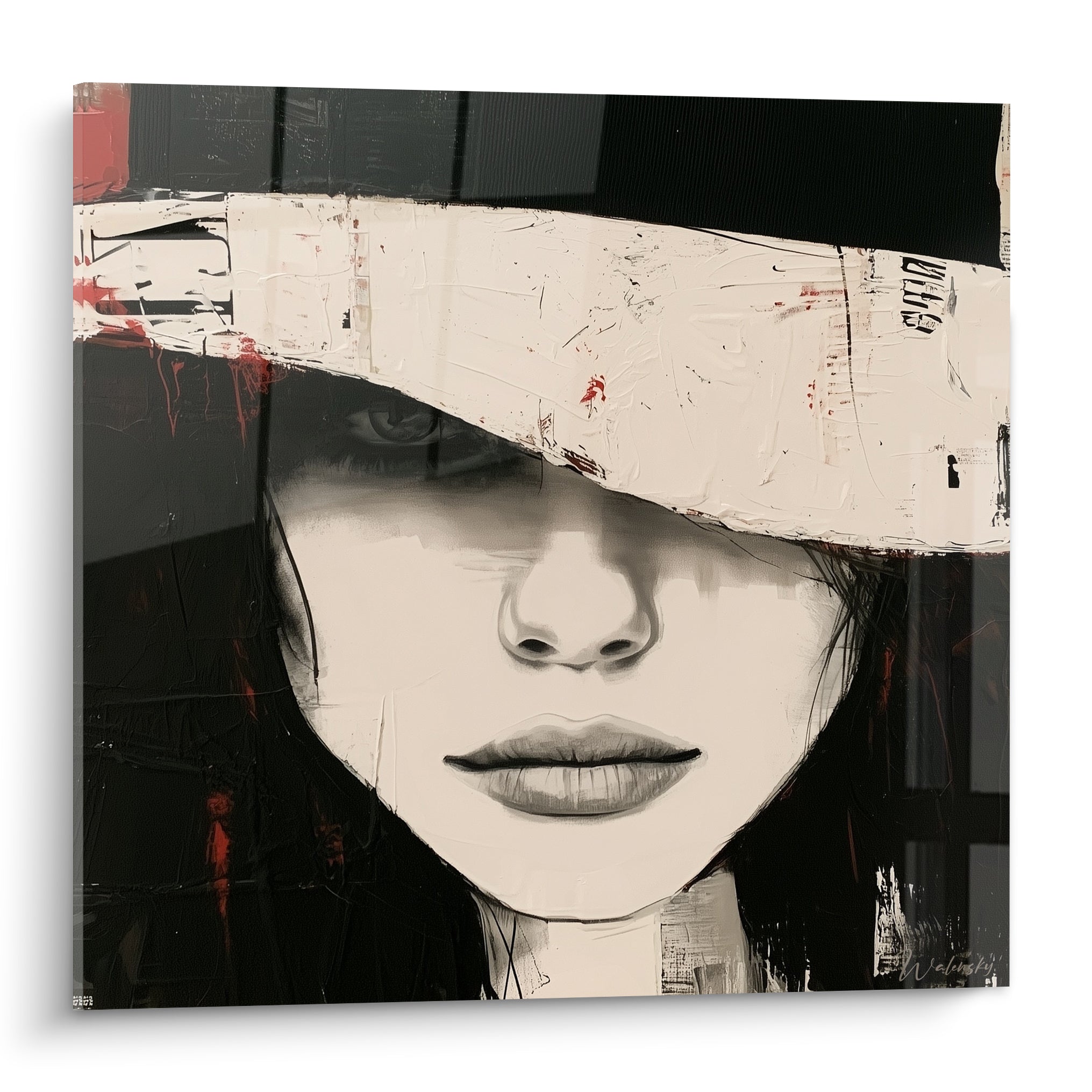Visage féminin au chapeau blanc texturé, éclaboussures rouges sur fond noir profond intense