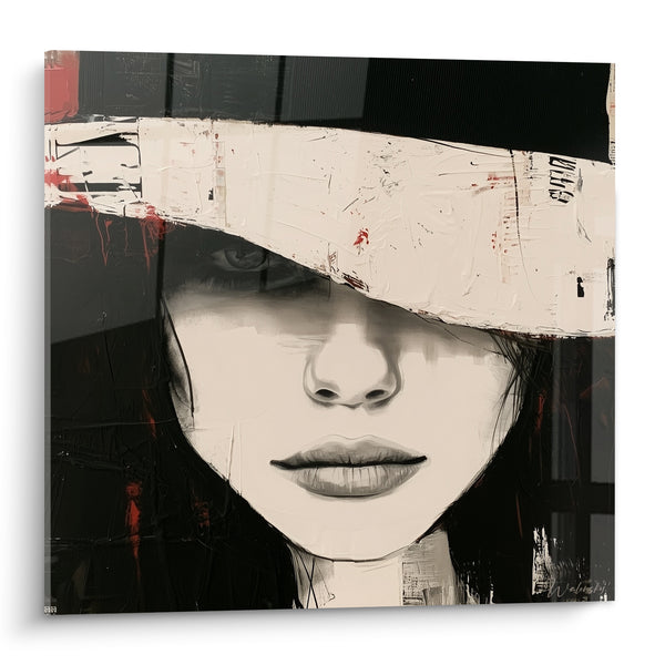 Tableau Portrait de femme au chapeau blanc et rouge - Regard voilé - Edition Rétro