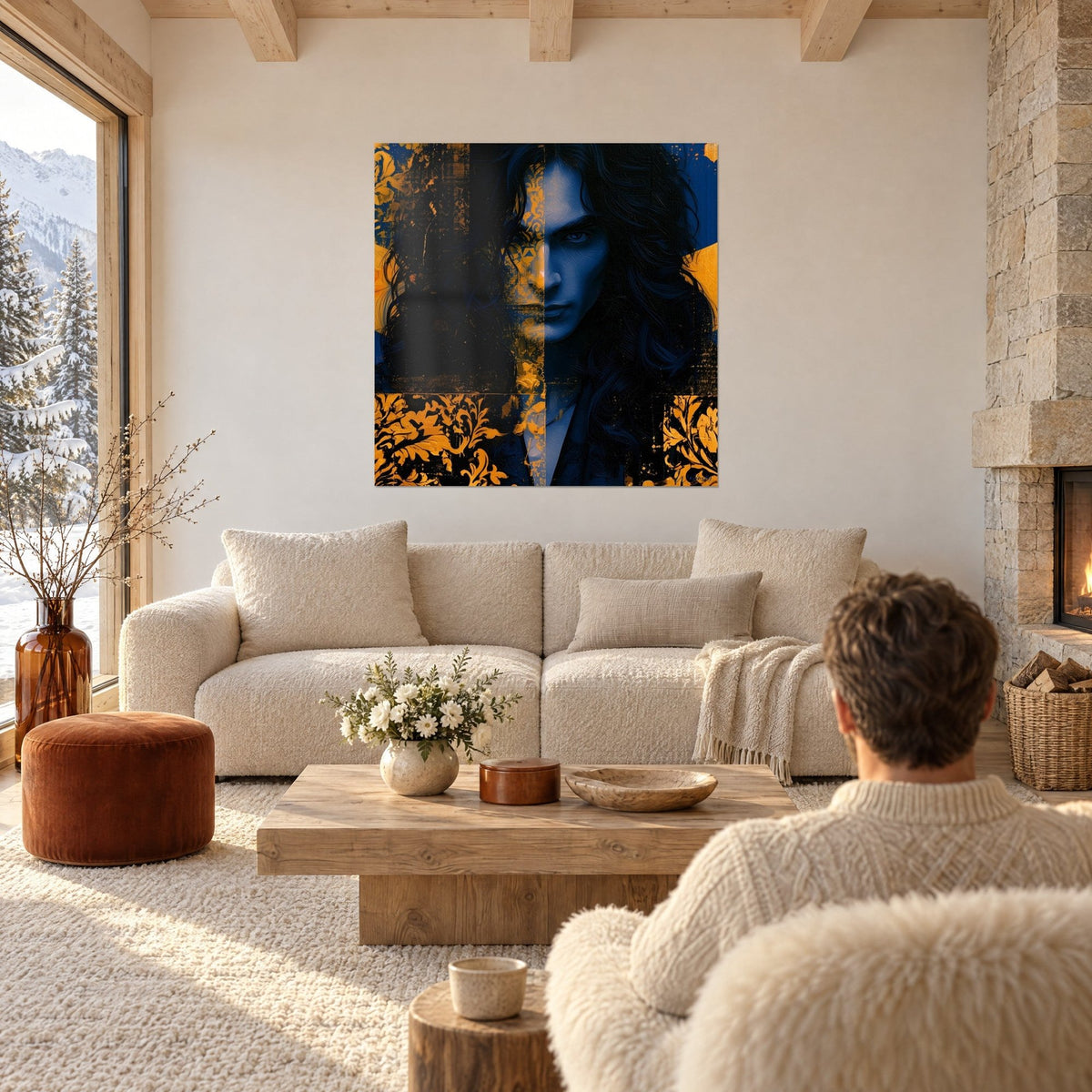 Gemälde Porträt eines jungen Mannes mit langen schwarzen Haaren, halb marineblau, halb mit goldenen Arabesken, über einem Sofa in einem lichtdurchfluteten Wohnzimmer