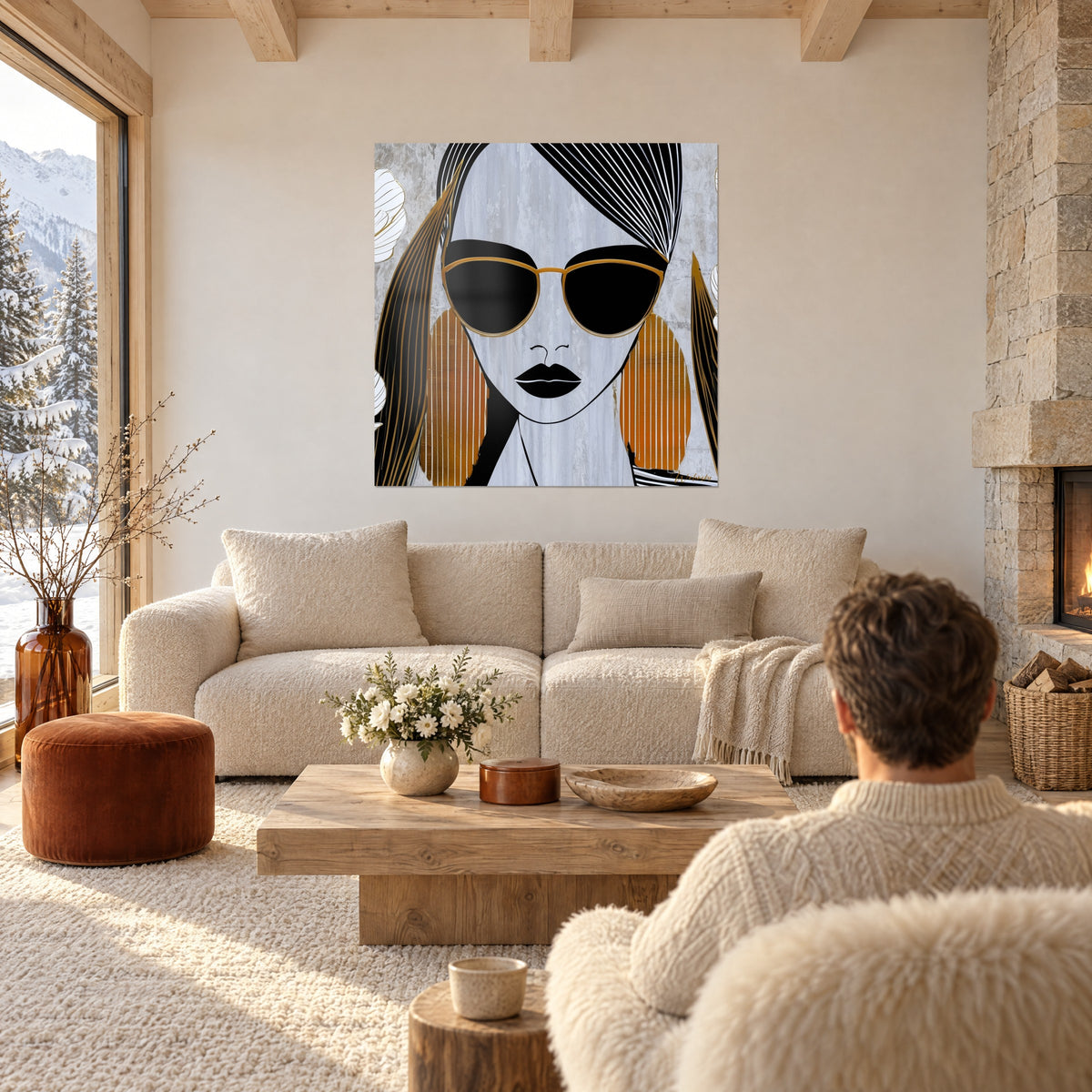 Gemälde stilisiertes Porträt einer Frau mit schwarzer Goldrandbrille, gestreiften Strähnen und ockerfarbenen Ohrhängern, über einem Sofa in einem hellen Wohnzimmer