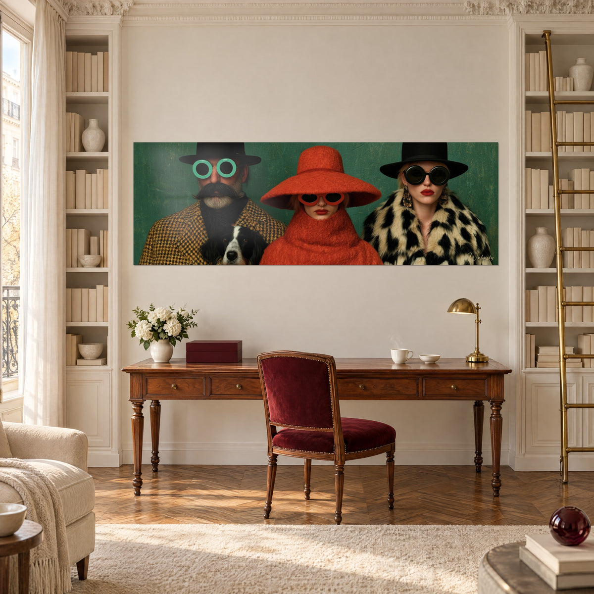 Wall art retro portraits with a black and white dog, turquoise glasses, deep green background, between two bookcases in a study
